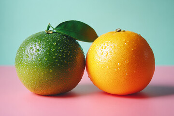 Fresh green and orange citrus fruits with water droplets