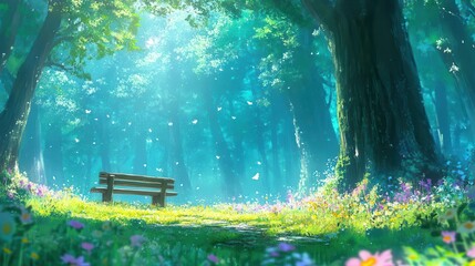 Anime background showing a magical forest with tall trees and vibrant green grass