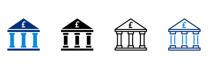 Banking icon set multiple style collection. Bank building with pound symbol.
