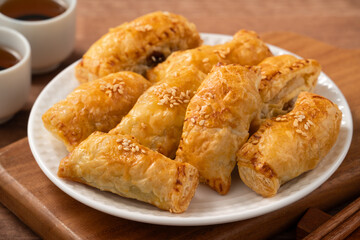 Delicious BBQ pork puff pastry dim sum food.