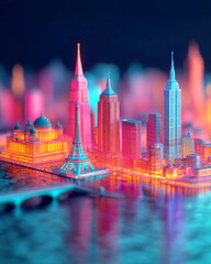 Obraz premium A vibrant, illuminated cityscape showcasing iconic landmarks.