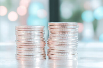 Two stacks of silver coins are placed side by side on reflective surface, with blurred background of soft lights creating serene atmosphere