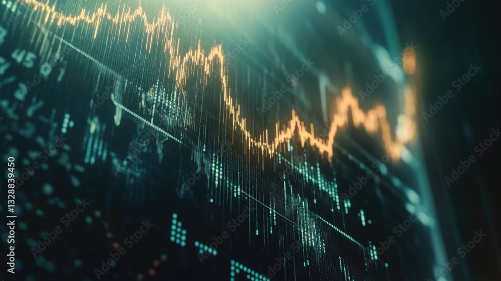 Poster close-up view of a stock market chart with various stocks and indices displayed