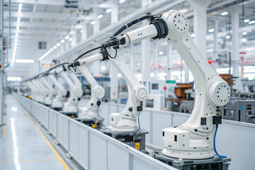 Fototapeta premium Electric Car Automobile Manufacturing. Row of White Robotic Arms Working at Modern Factory. Industrial Robot Arms.
