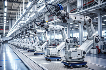 Fototapeta premium Electric Car Automobile Manufacturing. Row of White Robotic Arms Working at Modern Factory. Industrial Robot Arms.