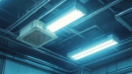 Obraz premium Ceiling-installed cassette-style air conditioning units in a contemporary restaurant