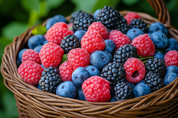 basket filled with fresh raspberries, blackberries, and