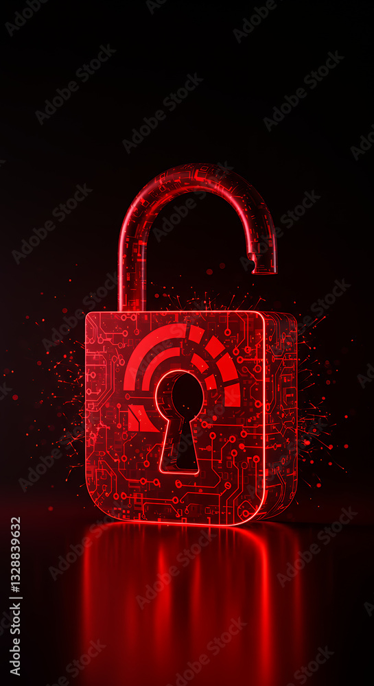 Aufkleber cyber security breach: red open padlock with circuit board design - data hack & vulnerability illust