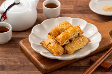 Delicious BBQ pork puff pastry dim sum food.