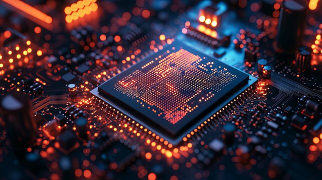 Close-up examination of a transistor microchip test sample under a microscope in the lab. Equipment for chip testing. Automated production. Chip manufacturing process