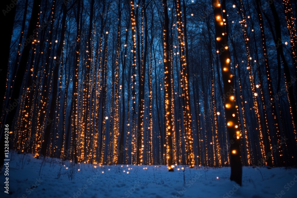 Poster enchanting winter forest illuminated by warm lights creating a magical evening atmosphere