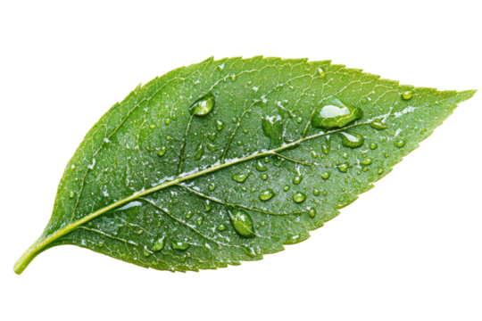 Green leaf with water droplets on clear bg
