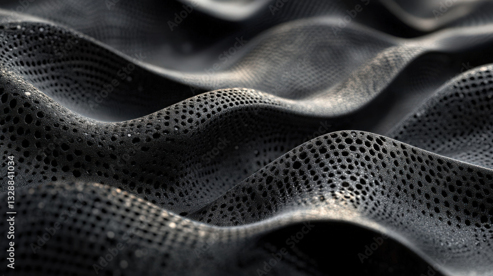 Poster perforated black waves. abstract close-up of undulating, textured black material with evenly spaced 