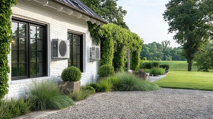 Fototapeta premium Two air conditioning units outside a white brick house, surrounded by a green landscape and gravel