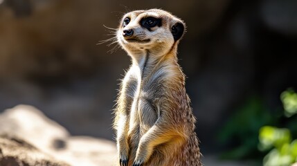 Fototapeta premium Alert Meerkat Standing Upright in Natural Habitat at Zoo Environment
