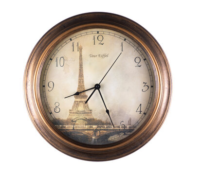 vintage wall clock with Eiffel Tower isolated on white background