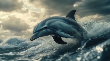 Fototapeta premium Dolphin Leaping Above Ocean Waves Under Dramatic Cloudy Sky