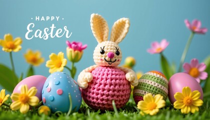 Obraz premium Happy Easter Crochet Bunny, Eggs, Flowers, Spring