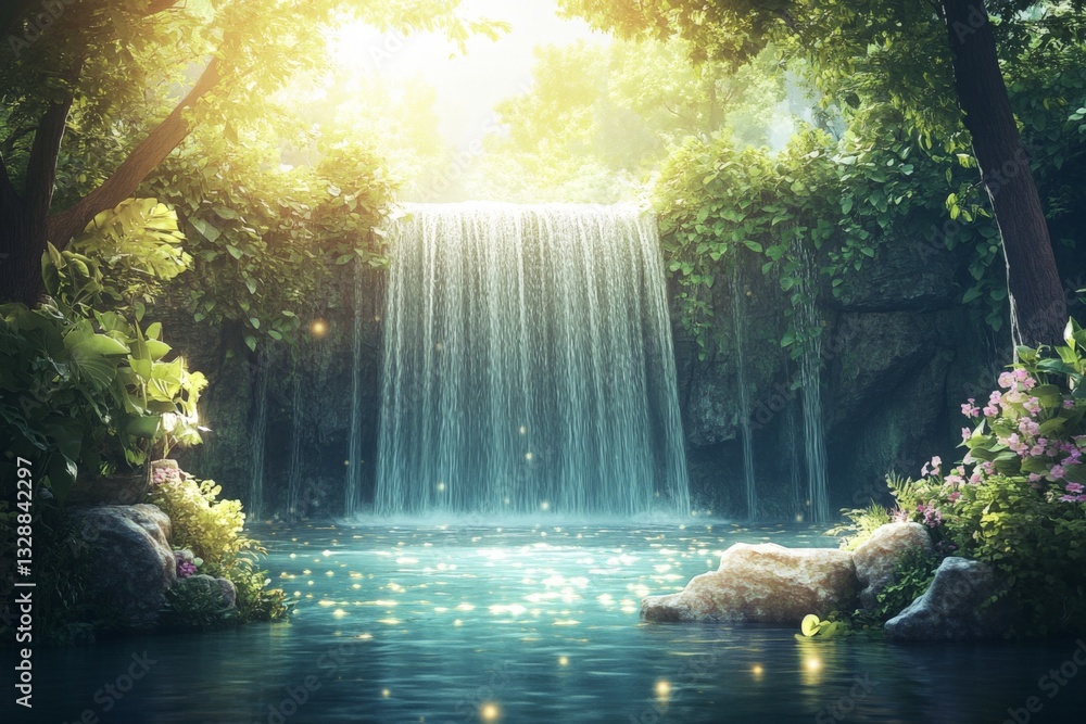 Poster sunlight glimmers through trees to illuminate a serene waterfall surrounded by lush greenery and vib