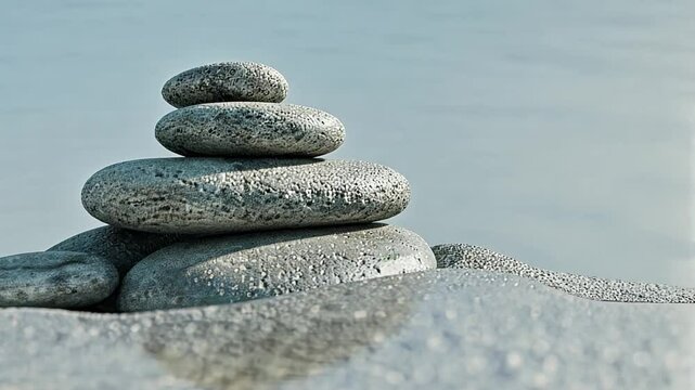Stack of Smooth, Wet Stones Balanced Larger Rock by Water, Creating Serene and Peaceful Scene with Harmony Stones Vary Size and Are Arranged Harmonious Manner, Evoking Sense of Balance and Tranquility