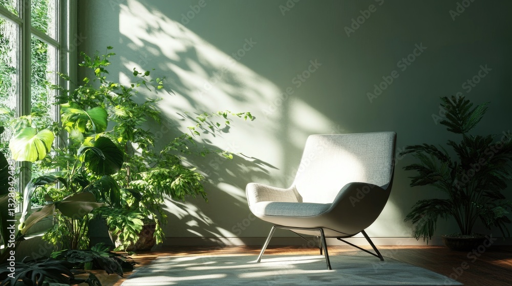Poster a single white chair sits next to a window, ideal for use as a placeholder or background element