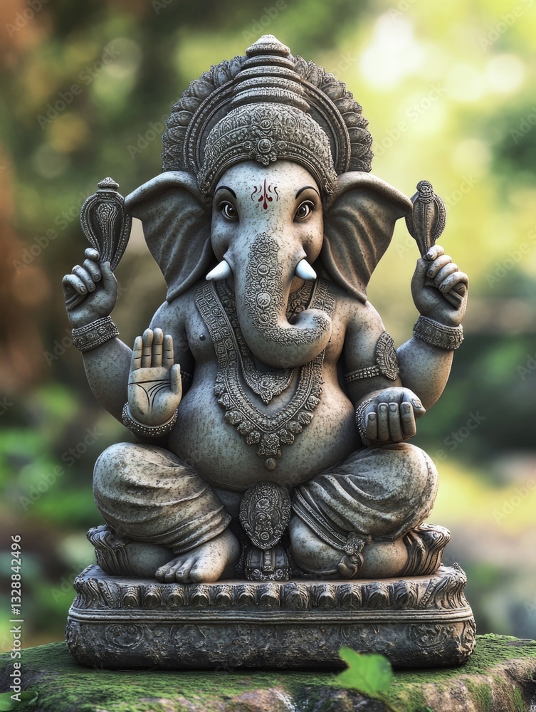Poster a statue of an elephant sitting on a rock, ideal for use in nature-inspired designs and illustration