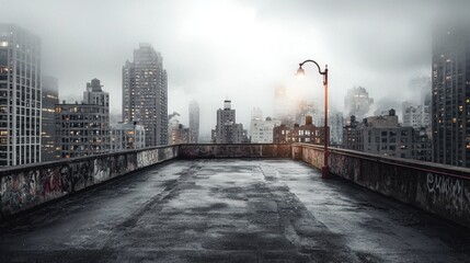 Fototapeta premium A quiet, empty rooftop overlooking a sprawling city, filled with silence and solitude.