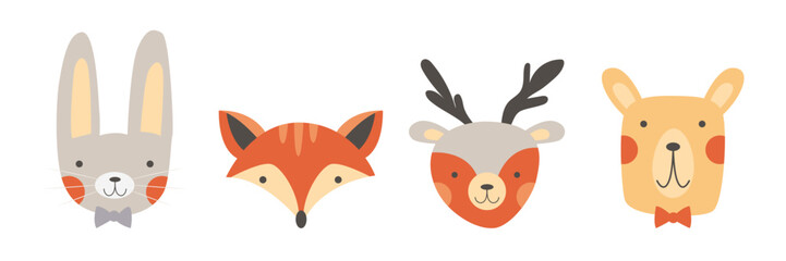 Cute Animal Faces Set. Funny Cartoon Muzzles. Vector Illustrations on White Background.