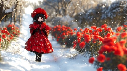 Fototapeta premium Girl in red dress amidst snowy red flowers.