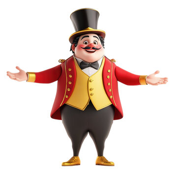 This is a 3D cartoon image of a welcoming ringmaster wearing formal attire and a top hat.