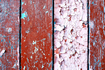 Texture wooden background, old wooden painted texture surface with peeling paint, wooden planks covered with flakes paint