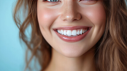 Beautiful young woman with a natural smile, white teeth, symbolizing happiness, confidence, health, and natural beauty, representing a carefree and joyful lifestyle. copy space, banner,