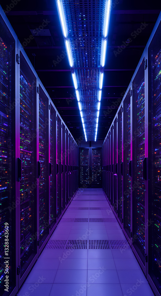 Poster data center nirvana: rows of servers glowing under neon lights - cloud computing, big data, & it inf