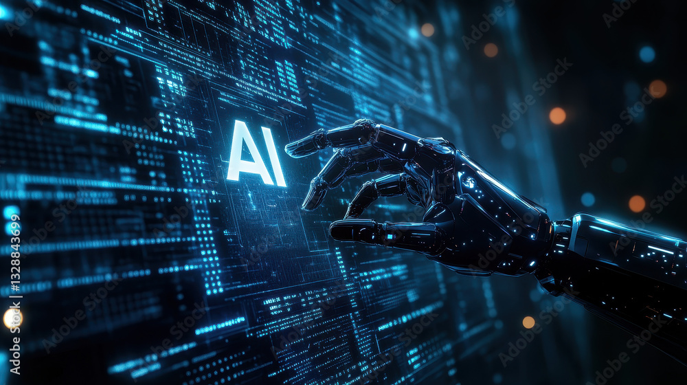 Poster digital robot hand touching glowing 