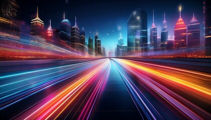 Dynamic motion-blurred cityscape illuminated by vibrant colorful light trails, creating a futuristic and energetic urban scene. Perfect for modern and tech-related projects
