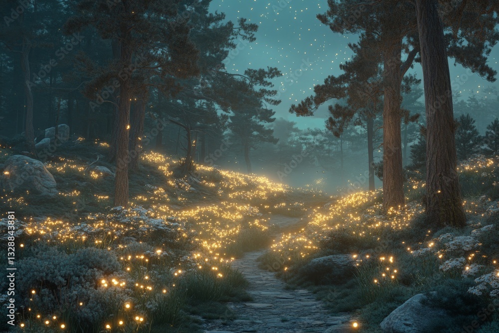 Aufkleber magical pathway illuminated by glowing lights in a tranquil forest during twilight
