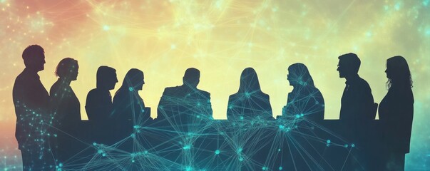 Silhouetted businesspeople gathered around a table with network overlay