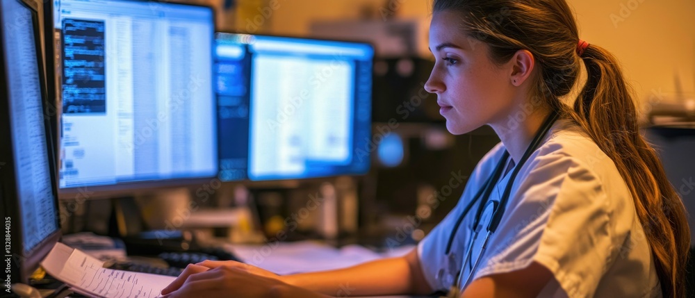 Aufkleber A person sitting in front of two computer monitors with various icons and screens displayed