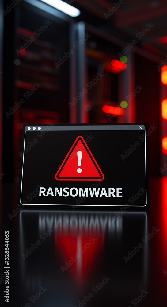 Poster ransomware attack alert: data breach warning in server room ? protect your network from cyber threat