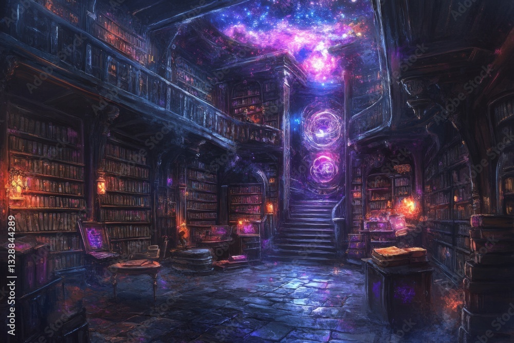 Poster Mysterious library filled with cosmic wonders and ancient knowledge in a fantasy realm