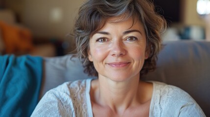 A person sits comfortably on a couch, ideal for relaxation or conversation