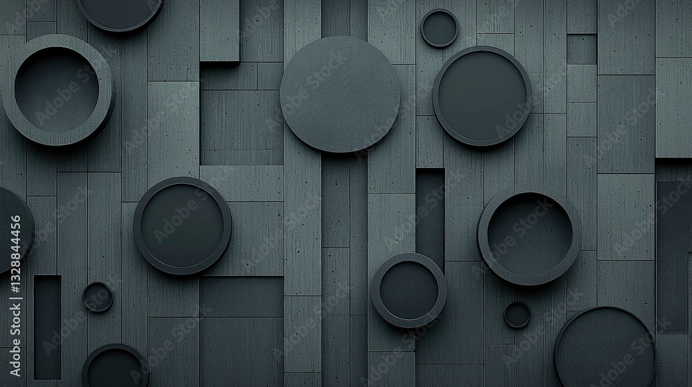 Poster abstract dark gray geometric background with various sized circles and rectangles on a textured surf