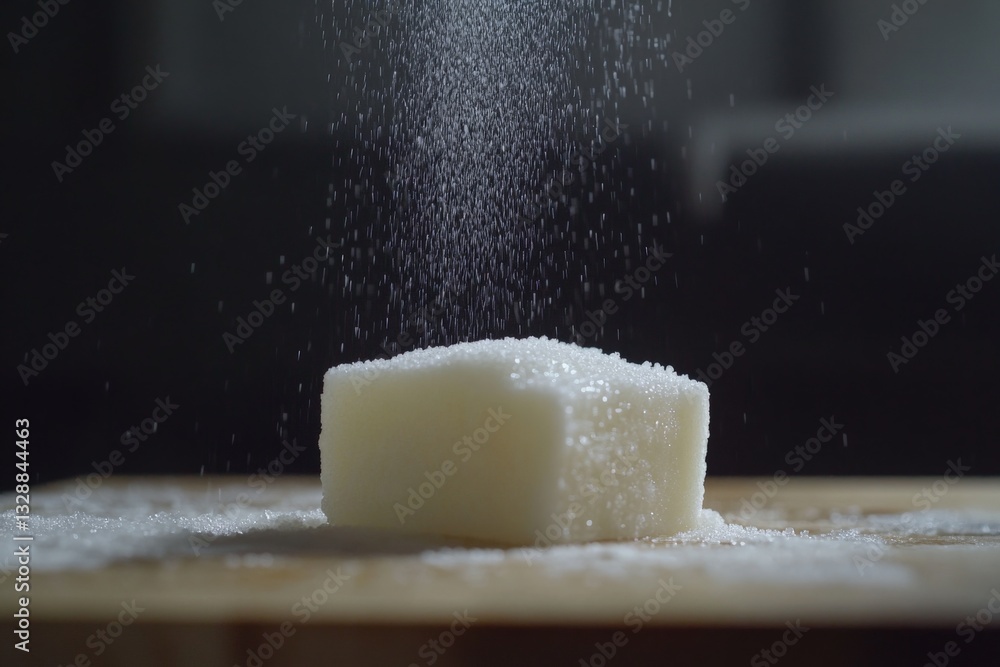 Poster close-up view of sugar pouring over a block on wooden surface in a cozy kitchen setting