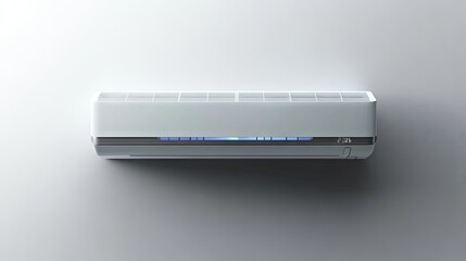 White air conditioner mounted on a white wall background. Home electrical appliance for cooling in hot summer climates