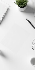 Minimalist White Desk Workspace Notebook, Pen, Succulent, and Coffee Cup