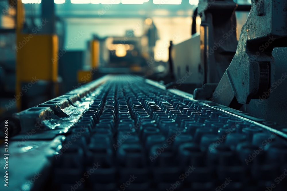 Leinwandbilder a close-up shot of a keyboard on a conveyor belt, possibly in a factory or assembly line setting