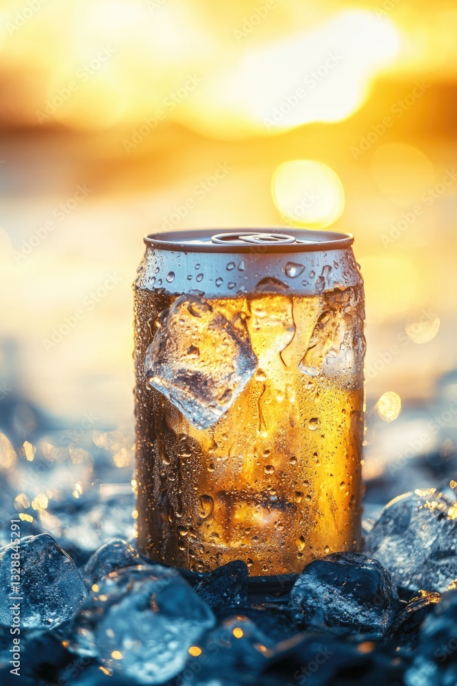 Poster a can of soda resting on a stack of ice, perfect for refreshing drinks or illustrations about cool t