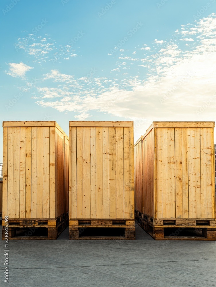 Poster row of wooden storage boxes sitting on a plain cement floor, ideal for use in rustic or industrial s
