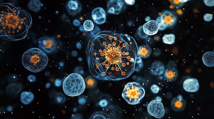 A high-contrast visualization of HMPV particles with their structural proteins highlighted. picture