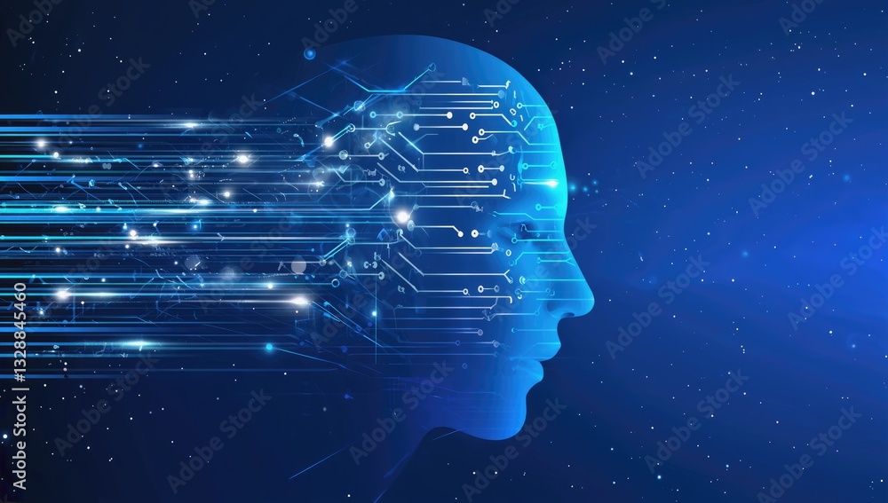 Poster digital mind: a profile of a human head morphing into a network of interconnected circuits, symboliz